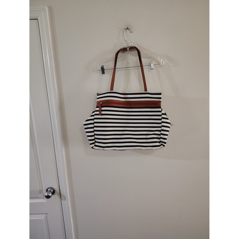 DSW Black White Striped Canvas Tote Bag Brown Straps Nautical Large Handbag